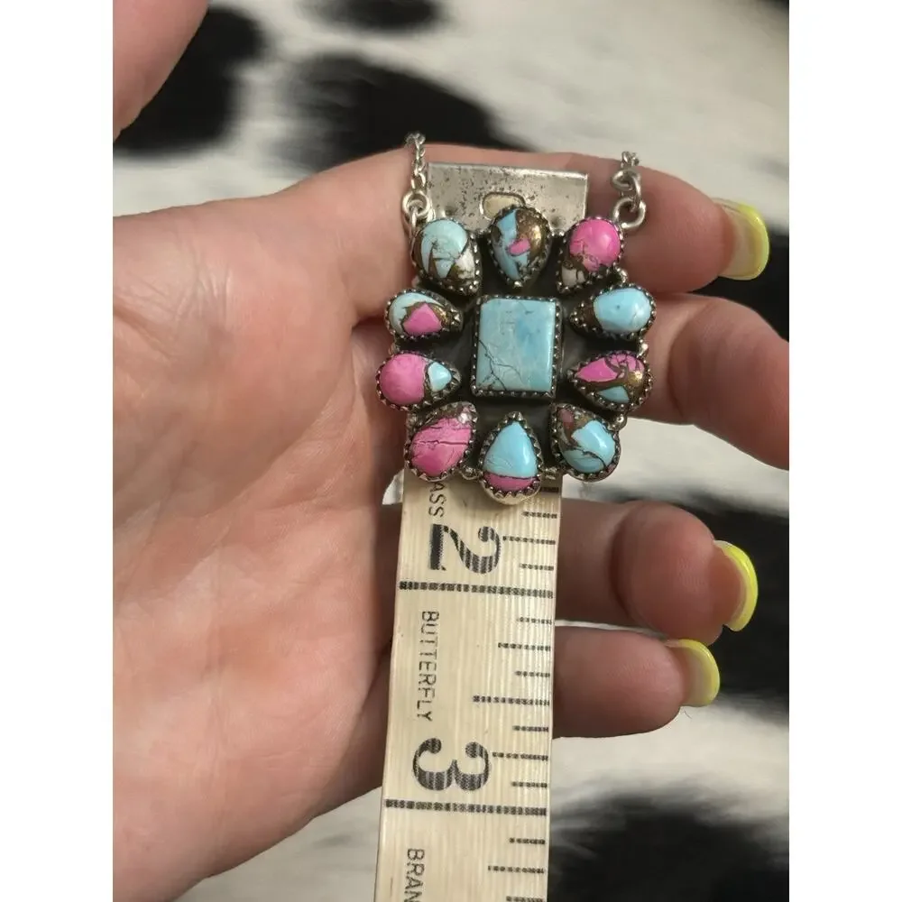 Native Southwest Sterling Silver Cotton Candy Turquoise Cluster Pendant Necklace